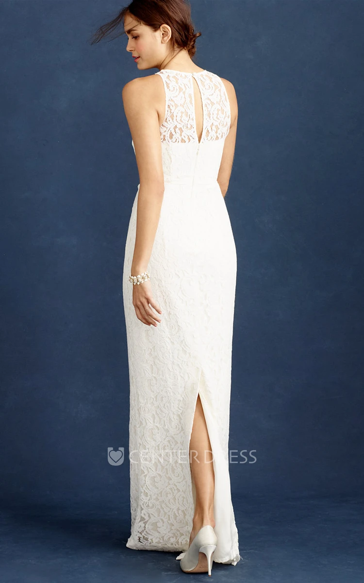 Pencil Scoop-Neck Sleeveless Split-Back Floor-Length Lace Wedding Dress