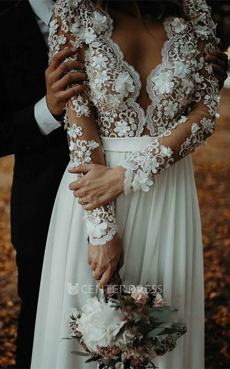 Bohemian Plunging Neckline A Line Chiffon Wedding Dress with Split Front