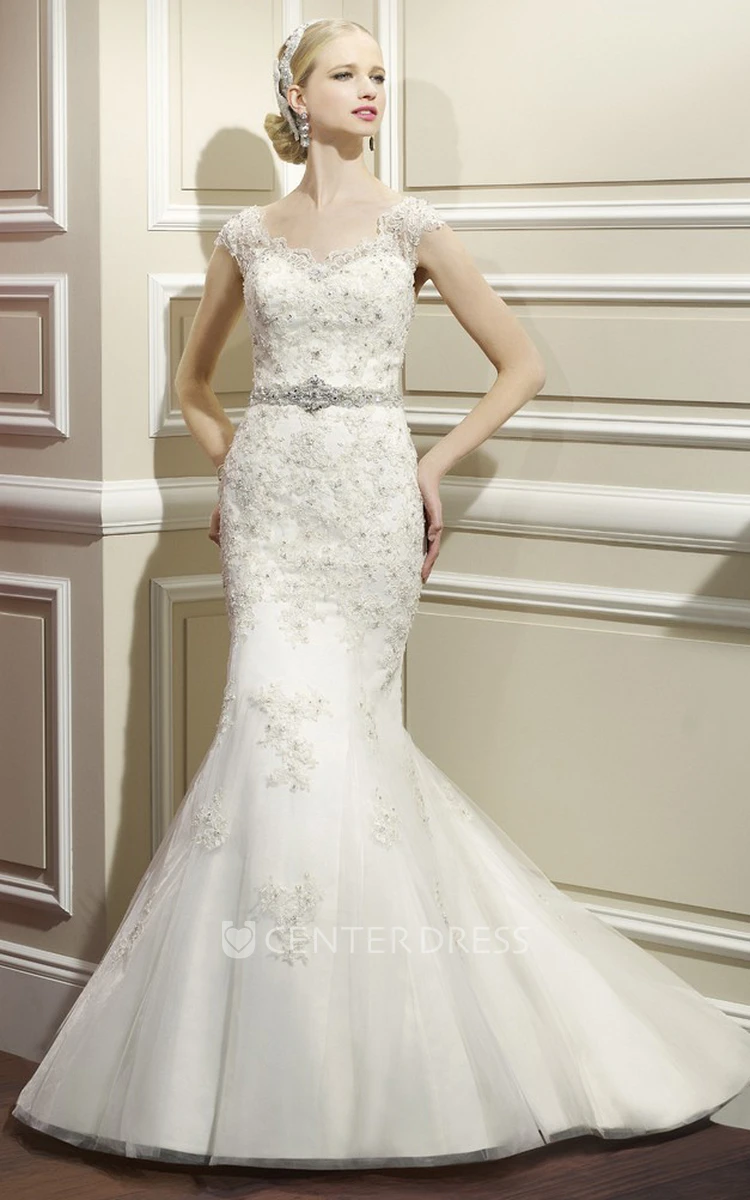 Trumpet Appliqued Cap-Sleeve Long Lace&Satin Wedding Dress With Waist Jewellery And Low-V Back