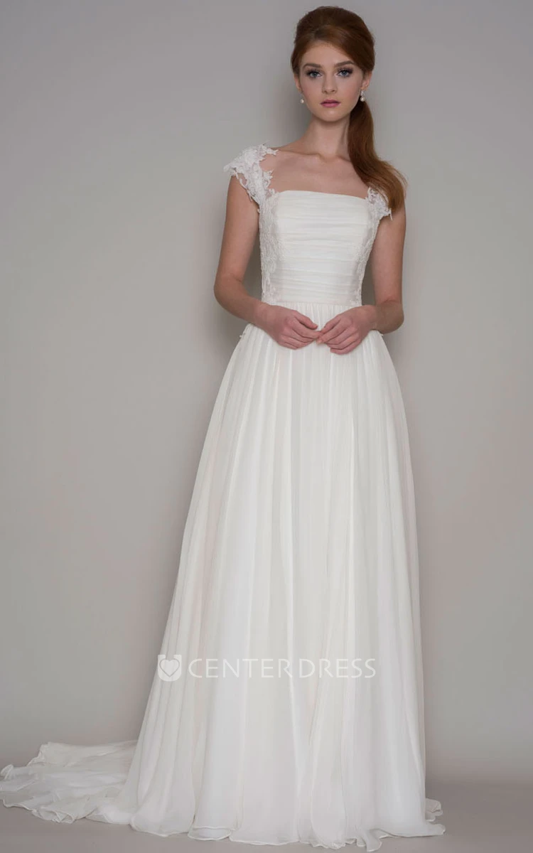 Floor-Length Ruched Cap-Sleeve Square-Neck Chiffon Wedding Dress With Lace And Pleats