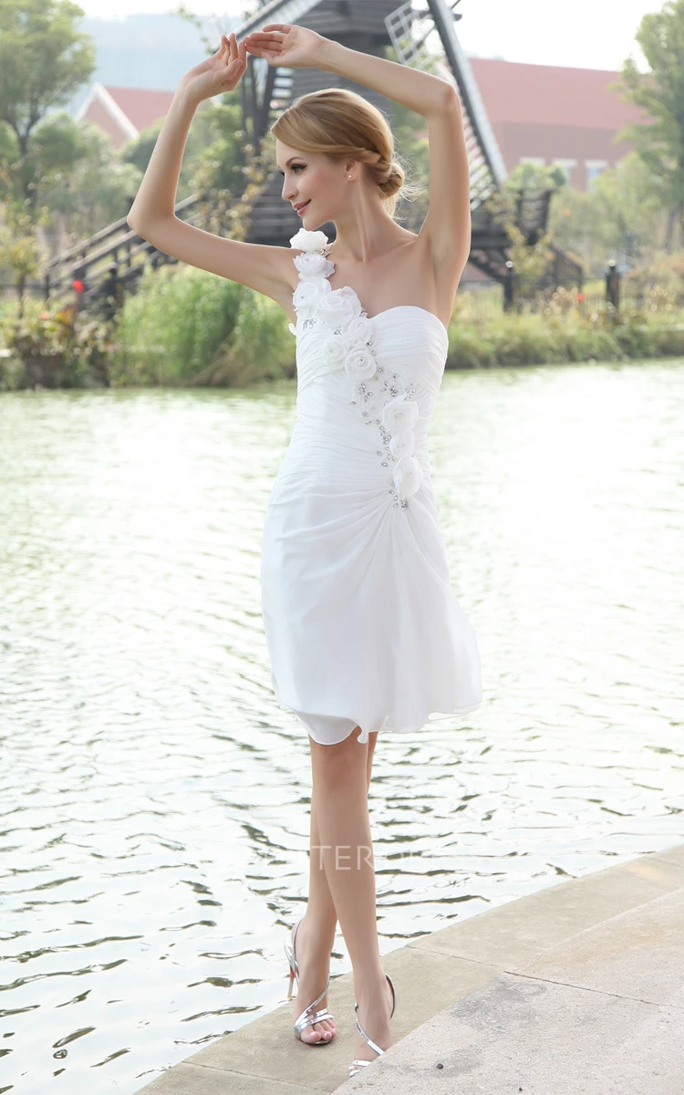 Asymmetrical Chiffon One-Shoulder Knee Length Wedding Dress With Floral Strap