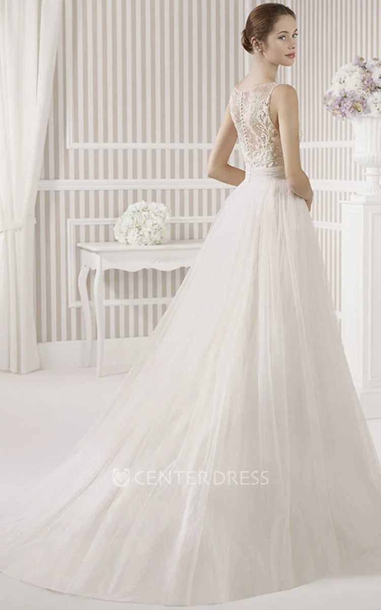 A-Line Scoop Long Lace Sleeveless Satin&Tulle Wedding Dress With Flower And Illusion Back