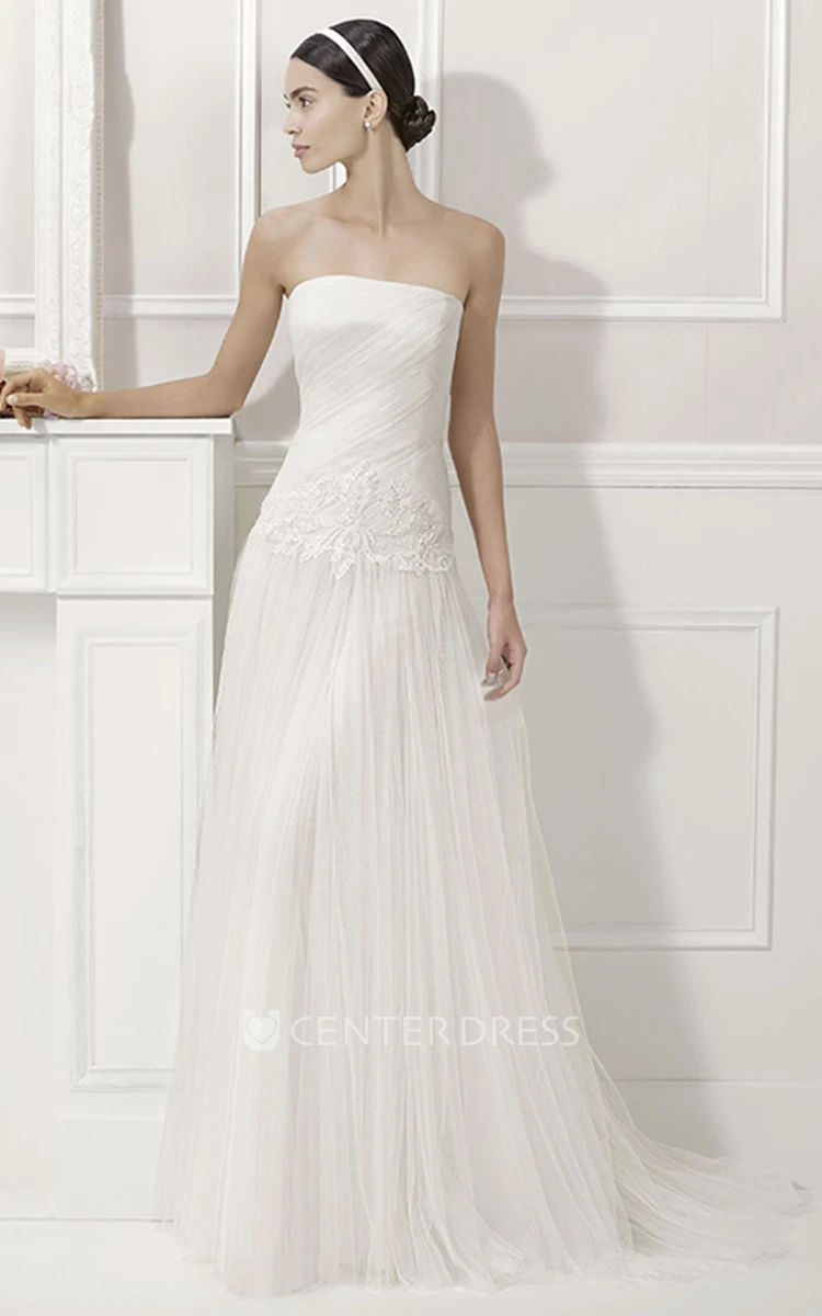 Strapless Drop Waist Tulle Bridal Gown With Removable Off-Shoulder Half Sleeves