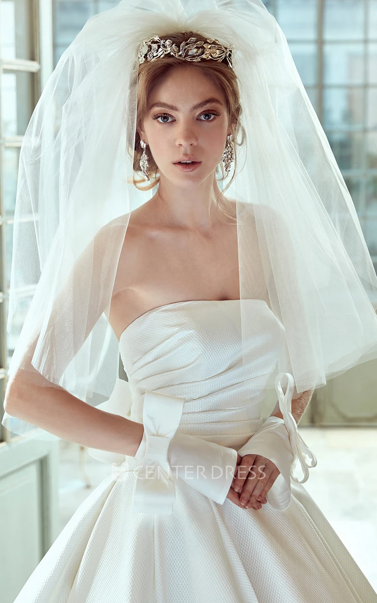 Strapless Satin Wedding Dress With Pleated Bodice And Back Bow
