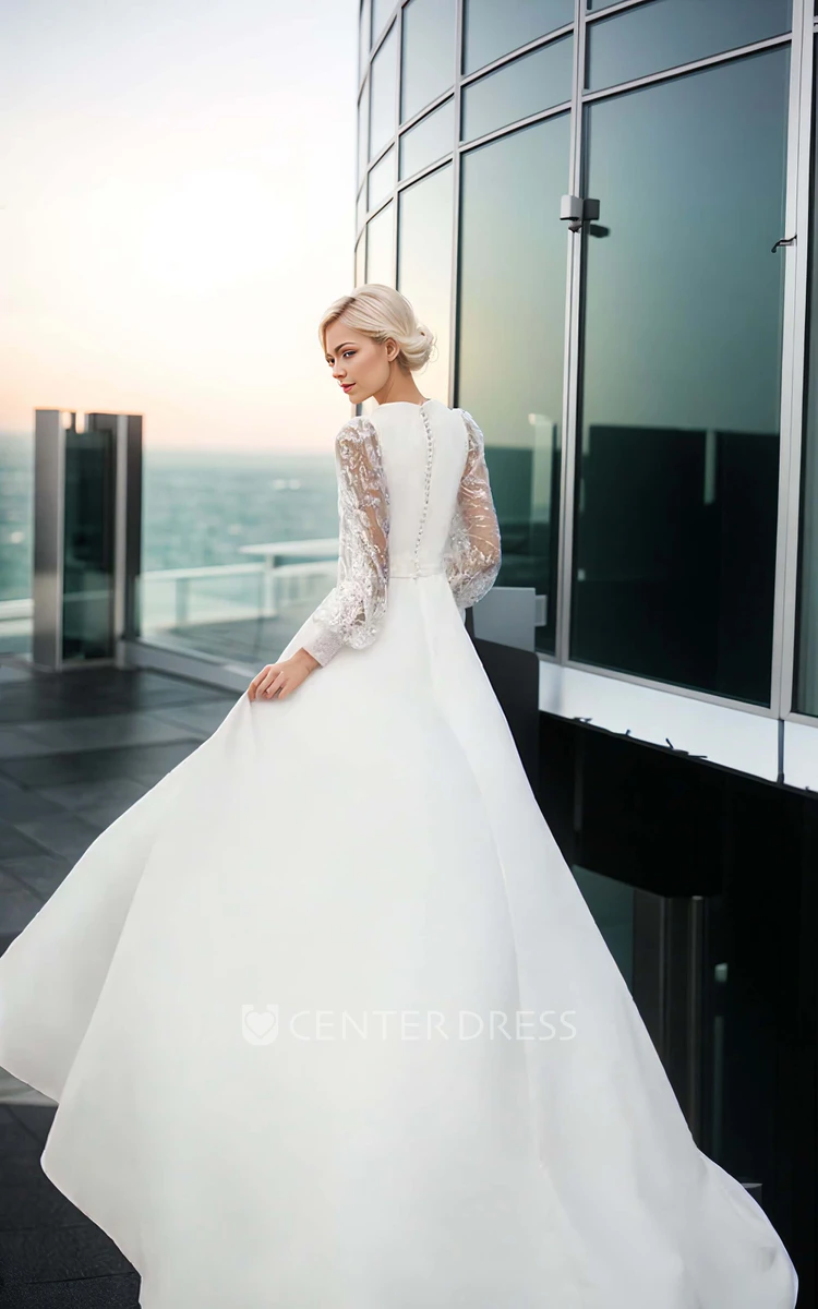 Solid Simple Jewel Neck A-Line Satin Tulle Split Front Wedding Dress Sexy Elegant Long Puff Sleeve Floor-length Bridal Gown with Sash Train Button Back