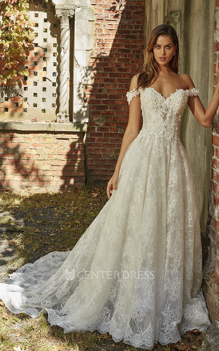 A-line Lace Appliqued Adorable Off-the-shoulder Sweetheart Wedding Dress With Open Back