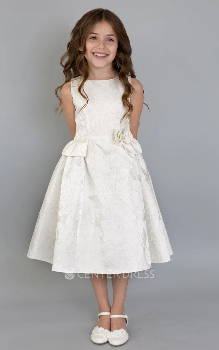 Tea-Length Peplum Floral Pleated Flower Girl Dress With Embroidery