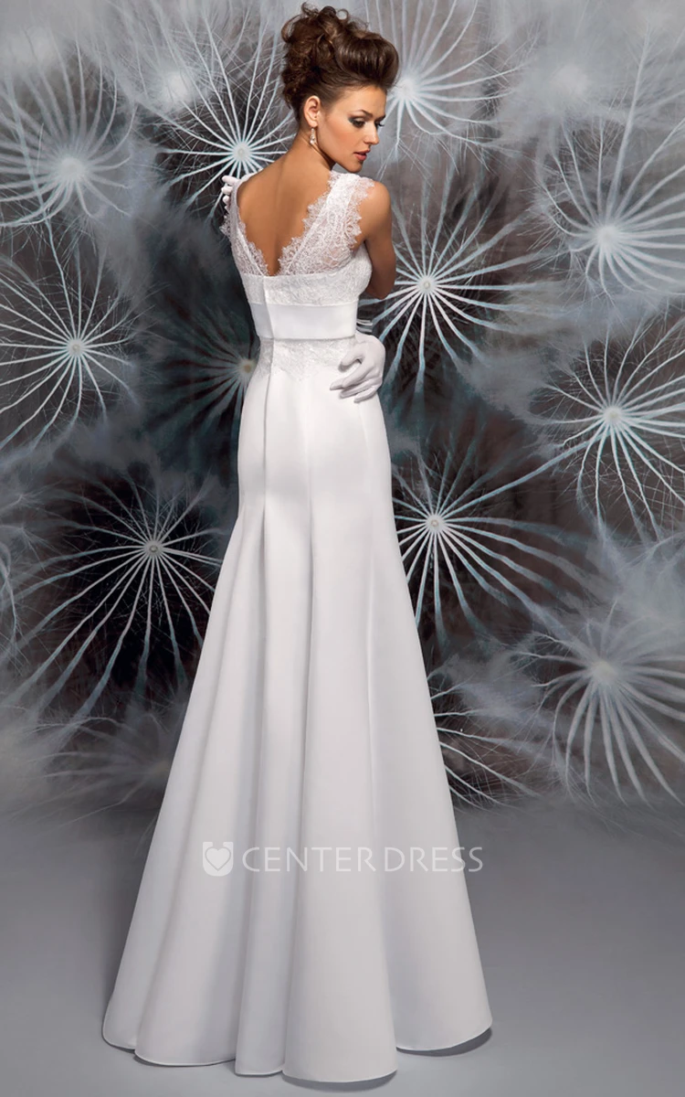 A-Line V-Neck Lace Sleeveless Long Satin Wedding Dress With Low-V Back And Bow