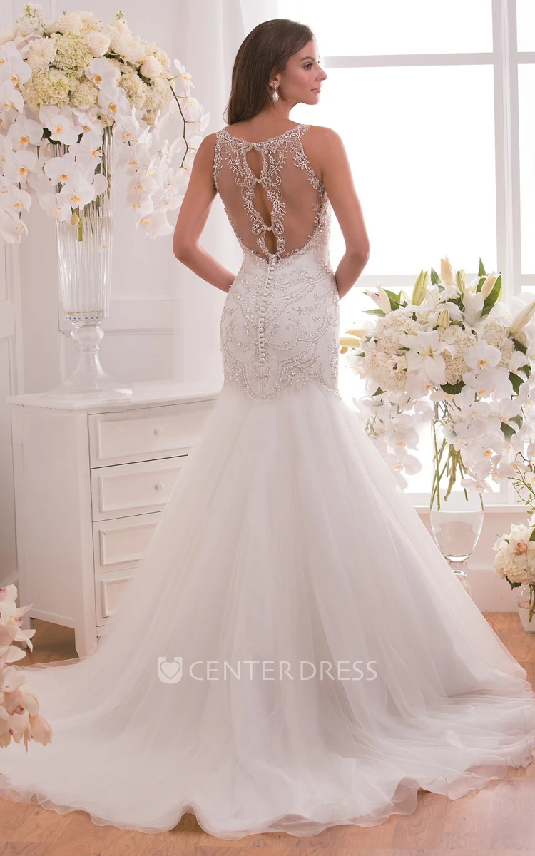 V-Neck Sleeveless Mermaid Gown With Appliques And Beadings