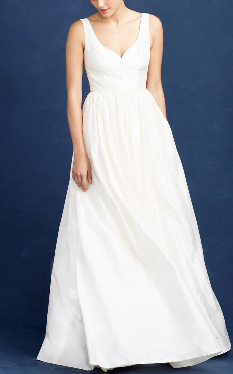 A-Line V-Neck Floor-Length Sleeveless Satin Wedding Dress