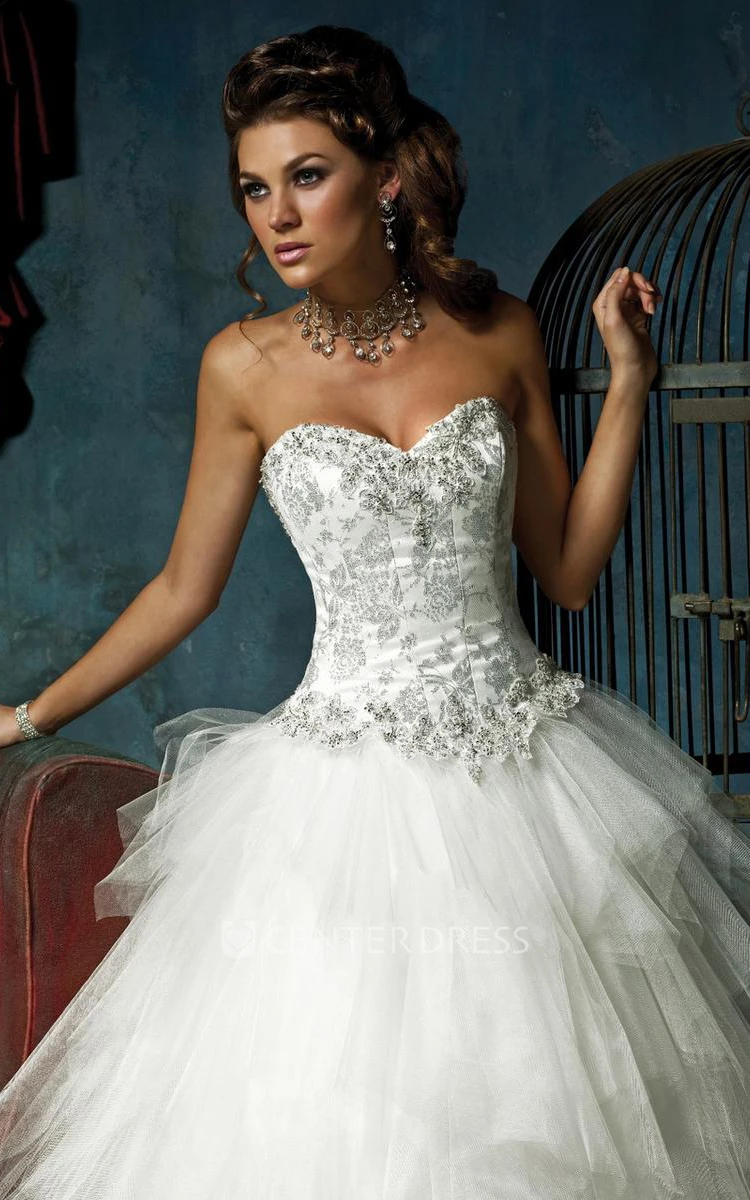 A-Line Ball-Gown Sweetheart Floor-Length Sleeveless Cascading-Ruffle Tulle Wedding Dress With Beading And Lace-Up Back