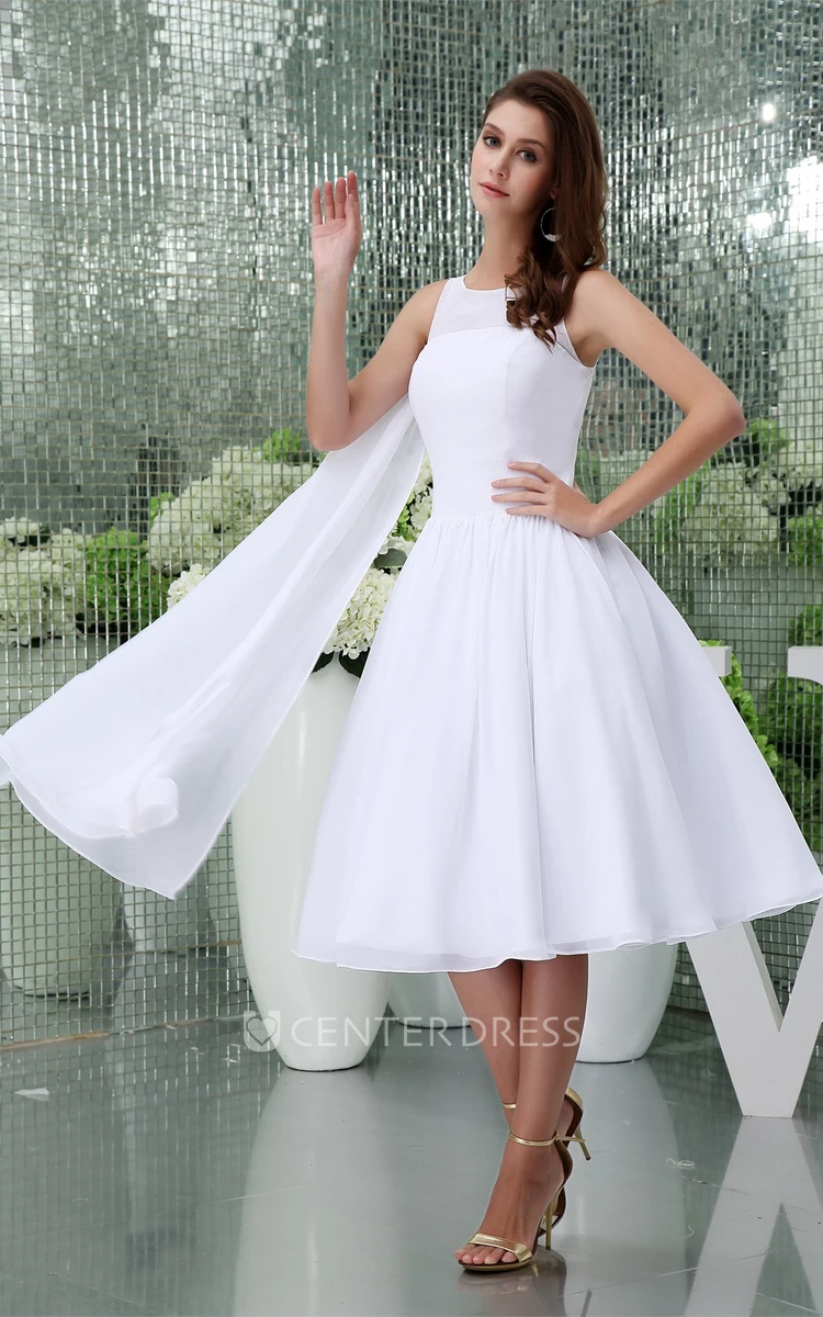 Sleeveless Chiffon A-Line Tea-Length Dress with Pleats