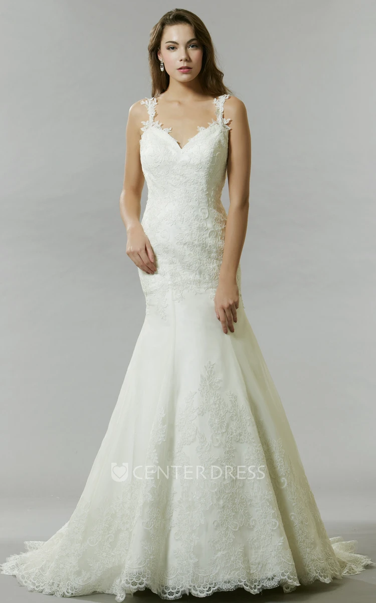 A-Line Appliqued Floor-Length Sleeveless Lace Wedding Dress With Backless Style And Beading