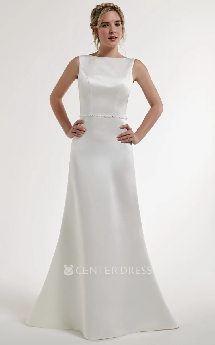 Sheath Jeweled Jewel Floor-Length Sleeveless Satin Wedding Dress With Backless Style And Sweep Train