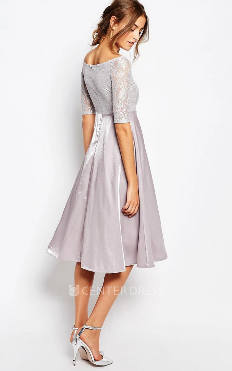 Knee-Length A-Line Bateau Neck Illusion Sleeve Taffeta Bridesmaid Dress