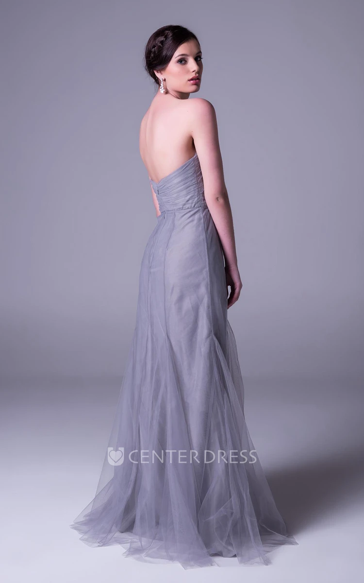Sheath Strapless Sleeveless Ruched Long Tulle Bridesmaid Dress