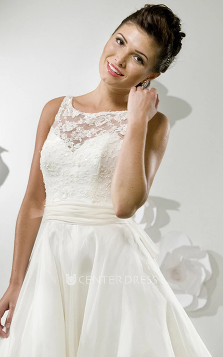 A-Line Sleeveless Tea-Length Scoop-Neck Satin Wedding Dress With Illusion