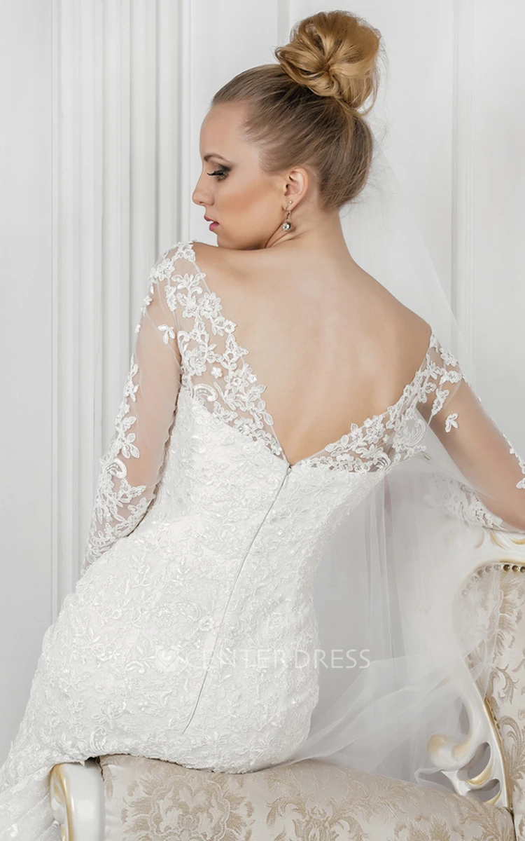 Mermaid Appliqued V-Neck 3-4 Sleeve Lace Wedding Dress With Court Train