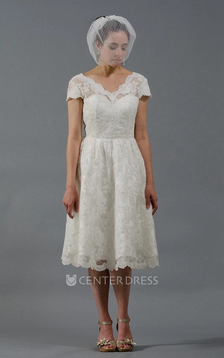 Alencon Lace Knee-Length Wedding Dress With Cap Sleeves