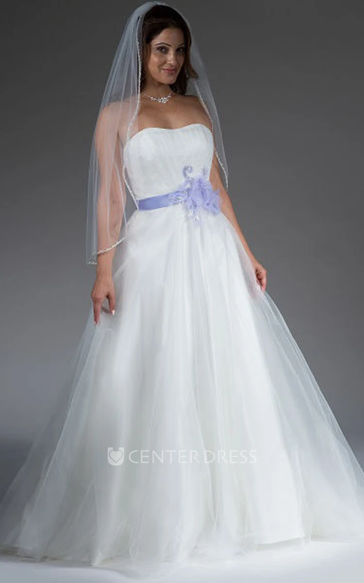 Strapless A-line Organza Bridal Gown With Purple Flower Sash