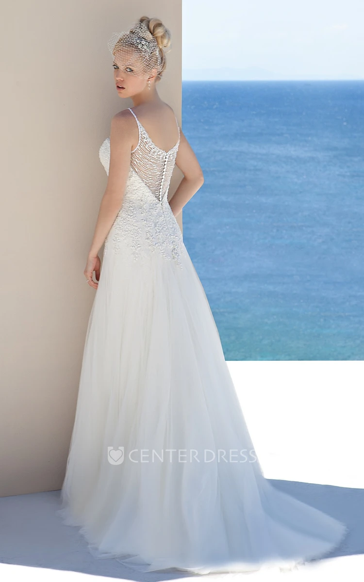 A-Line Beaded Long Scoop-Neck Sleeveless Tulle Wedding Dress With Appliques