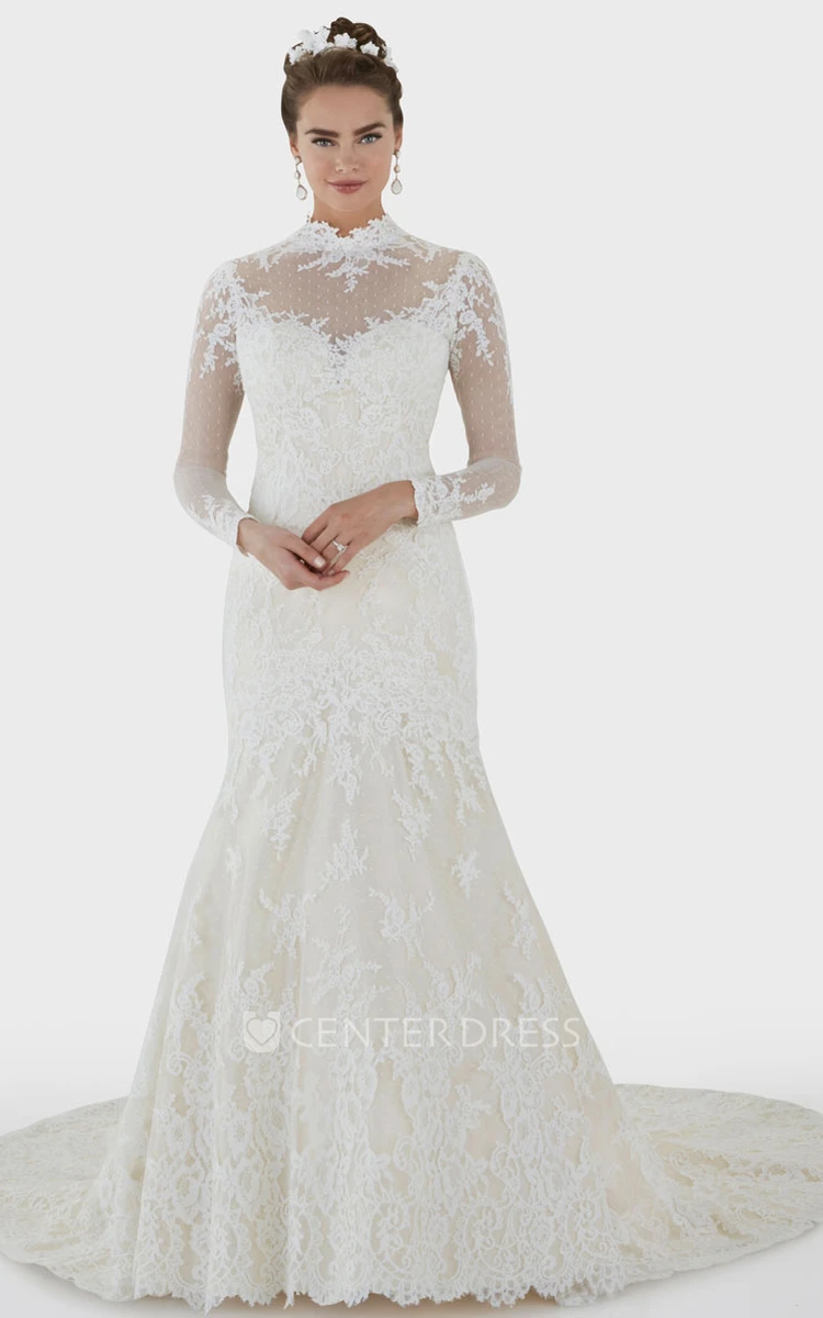 Mermaid High Neck Long-Sleeve Lace Wedding Dress With Illusion And Illusion