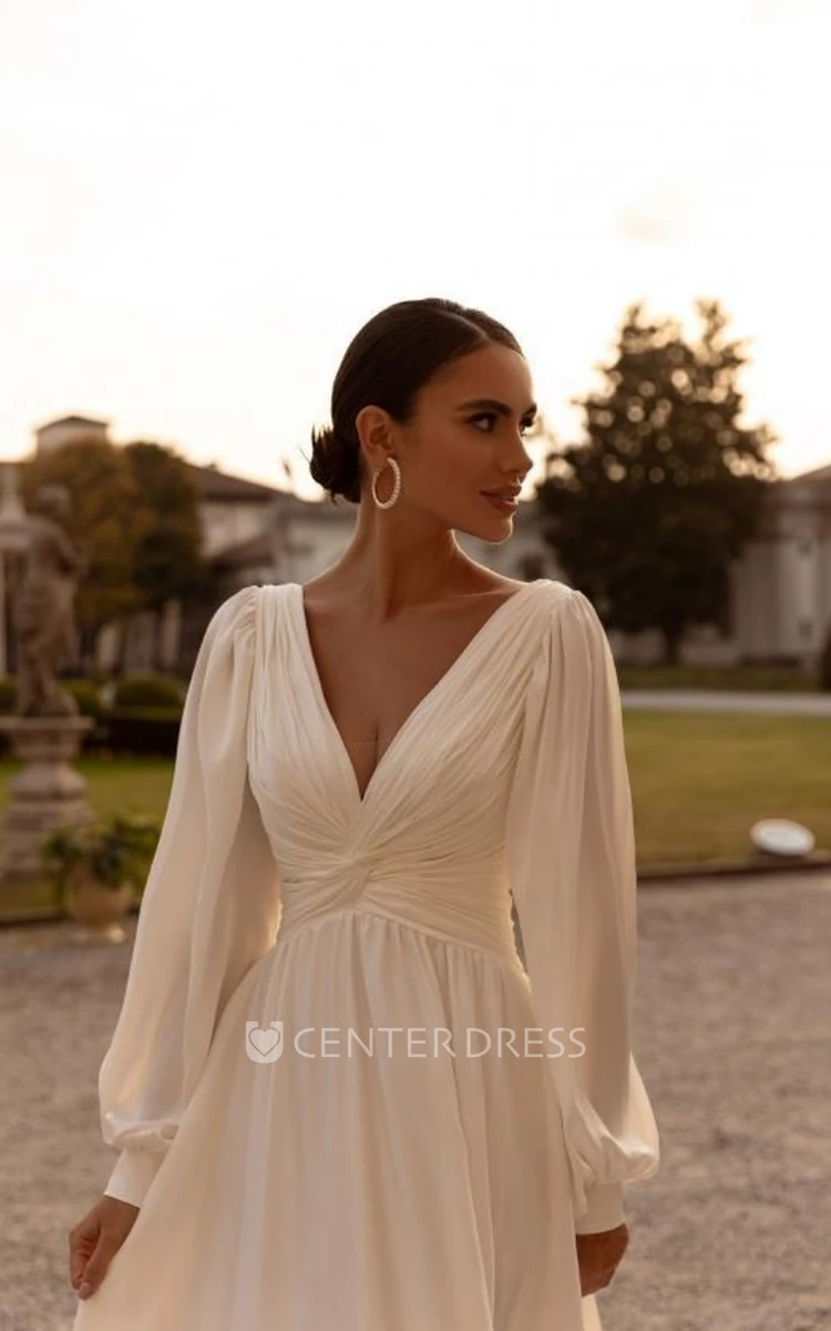 Simple Satin Marriage Gown Long Sleeve V-neck A-Line with Sweep Train Low-V Back Peplum