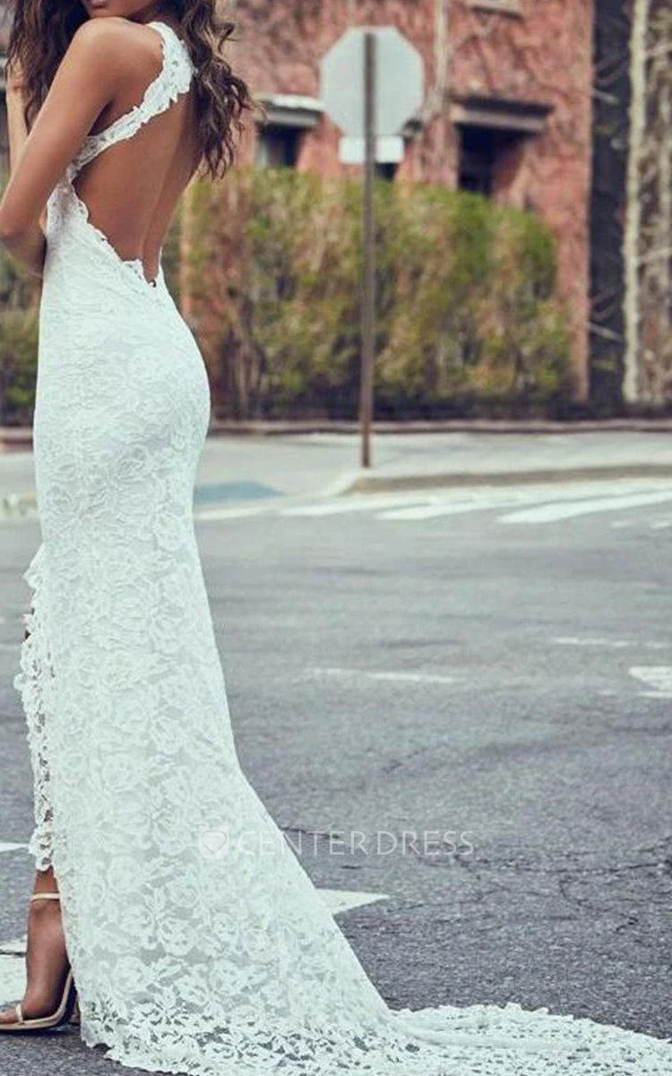 Sexy Lace Sheath Halter Sleeveless Split Front Wedding Gown with Court Train
