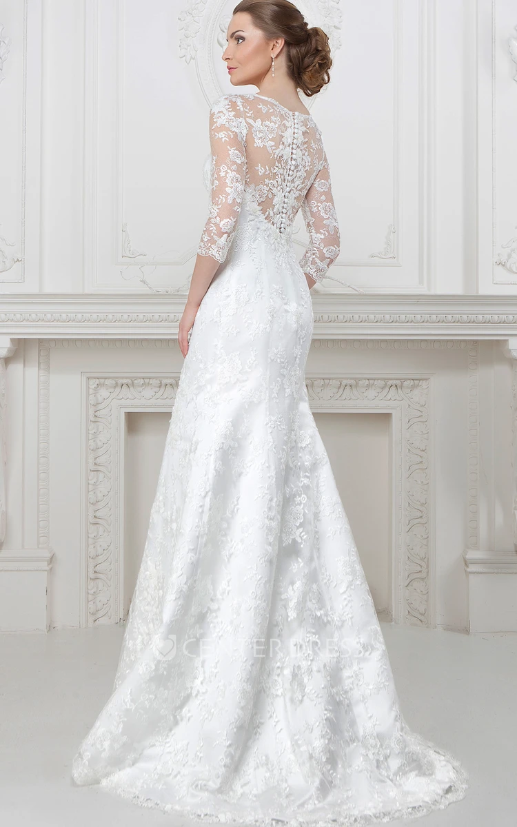 A-Line 3-4-Sleeve Scoop-Neck Lace Wedding Dress With Illusion