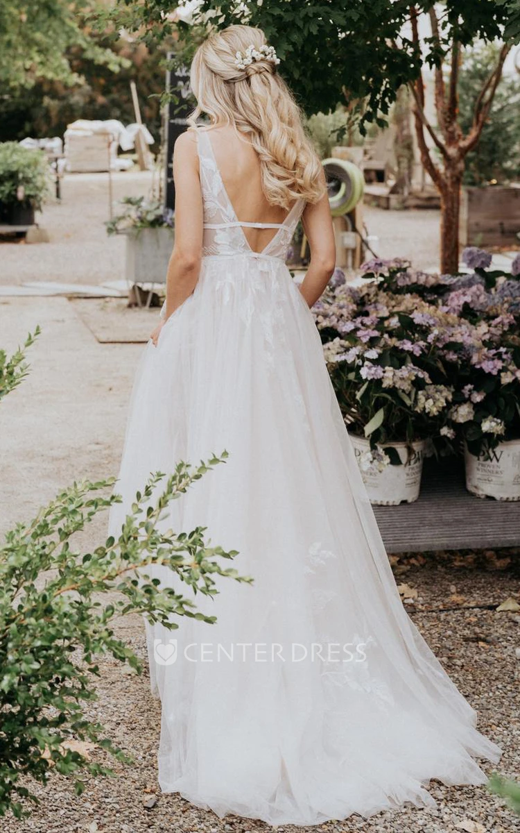 Country V-Neck Illusion Straps Elegant Mesh Floor Length Trailing Wedding Dress