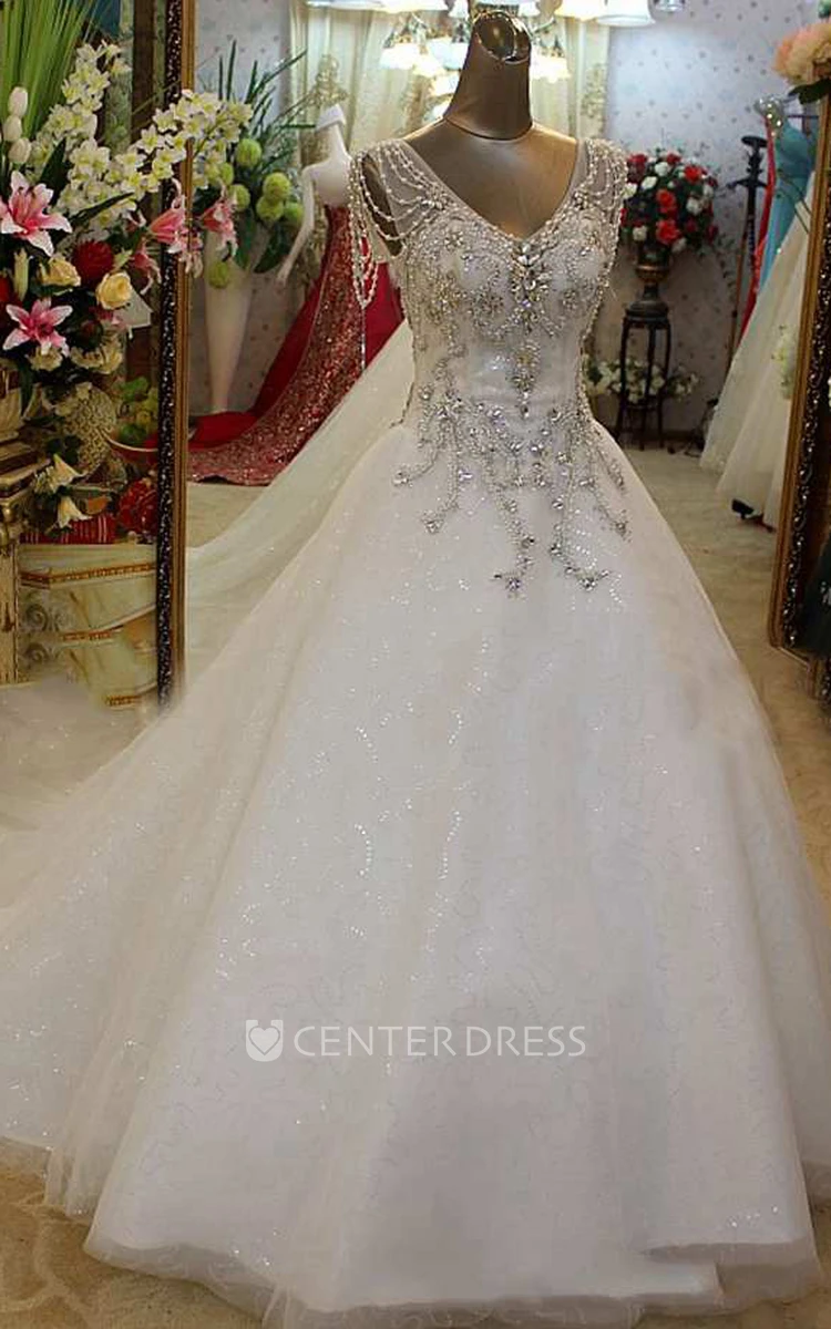 Beaded Short Sleeve Tulle Ball Gown With V Neck