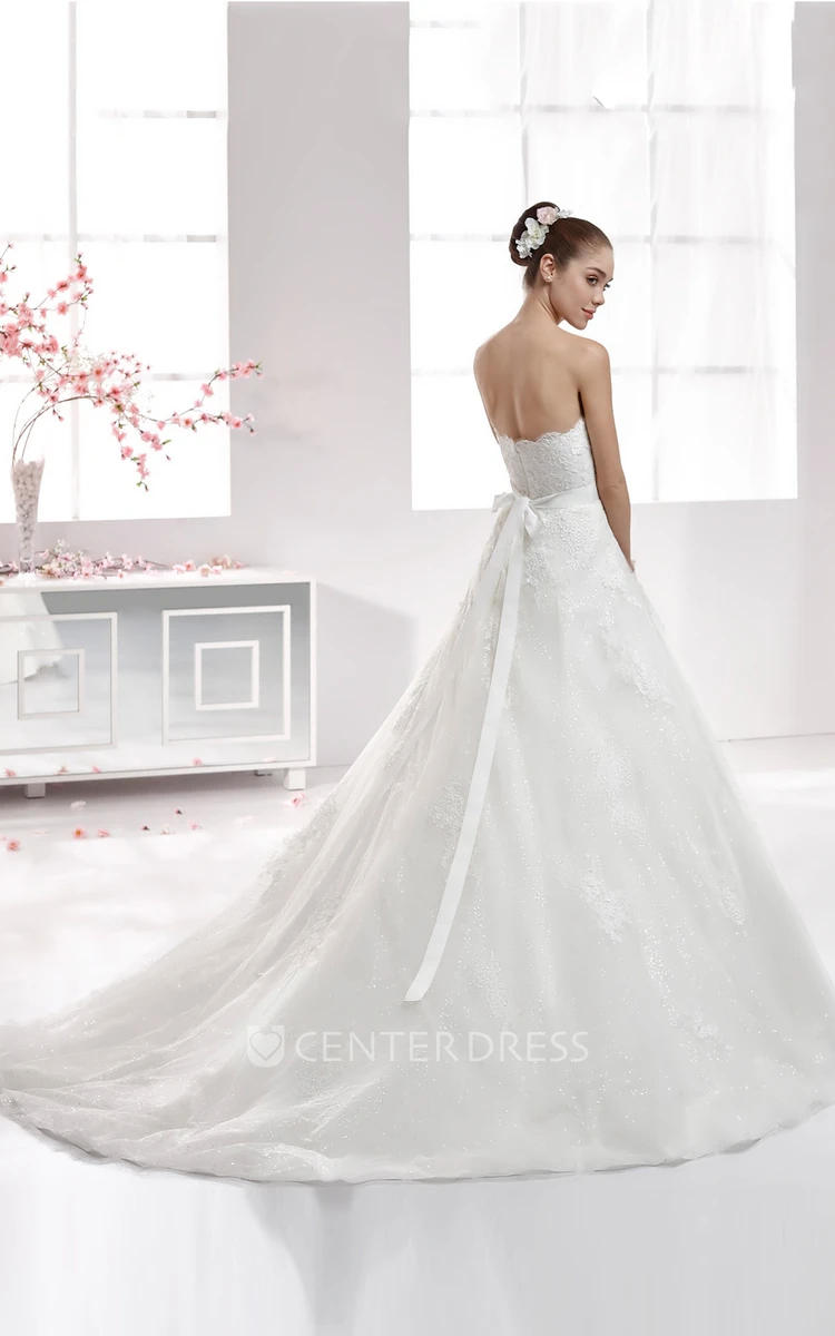 Strapless Back-Bow A-Line Lace Wedding Dress With Beaded Waist And Brush Train