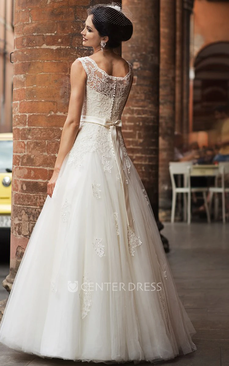 A-Line Maxi Square-Neck Sleeveless Appliqued Tulle&Lace Wedding Dress With Bow