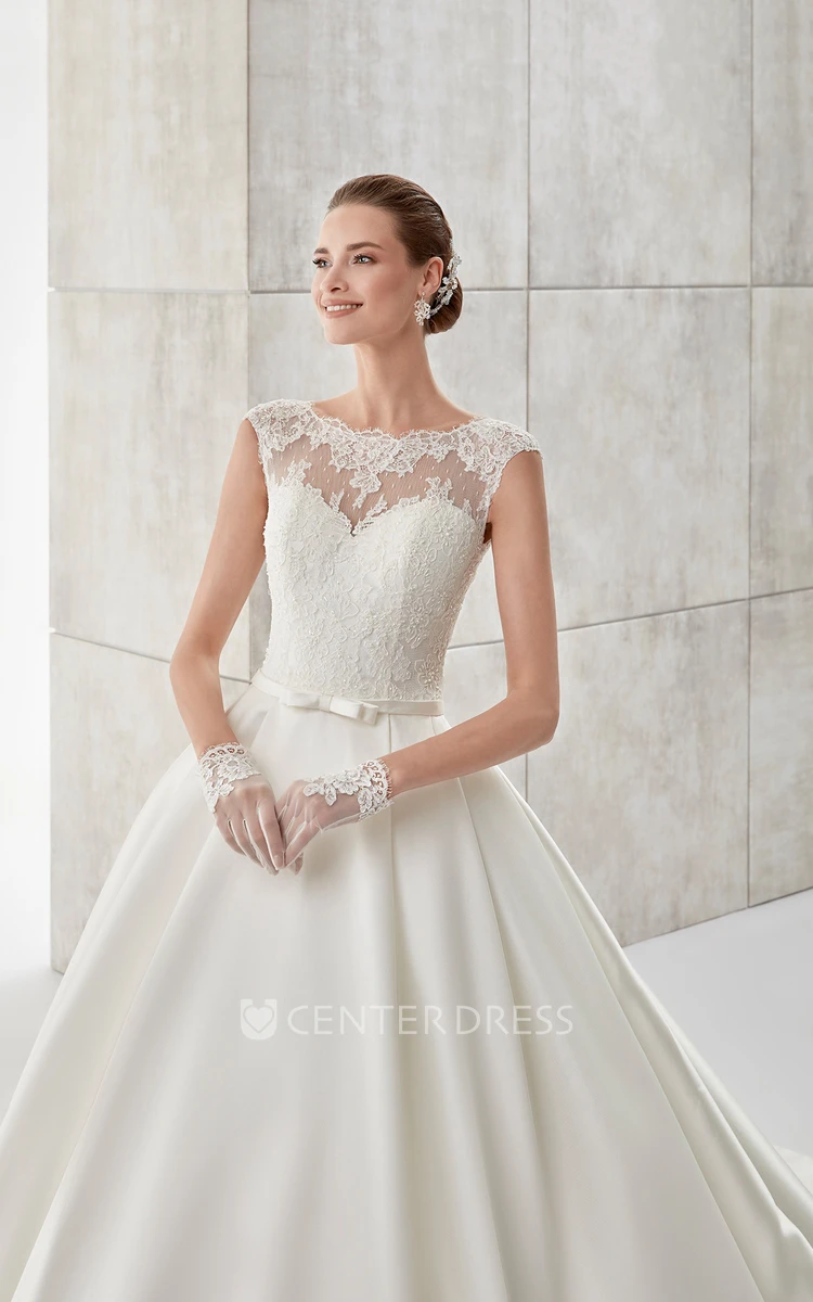 Scalloped-Neck Cap-Sleeve A-Line Satin Wedding Dress With Illusive Design And Brush Train