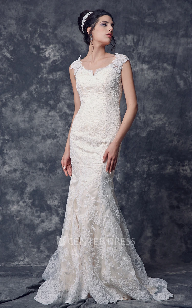 Cap Sleeve Mermaid Lace Wedding Dress with Illusion Back
