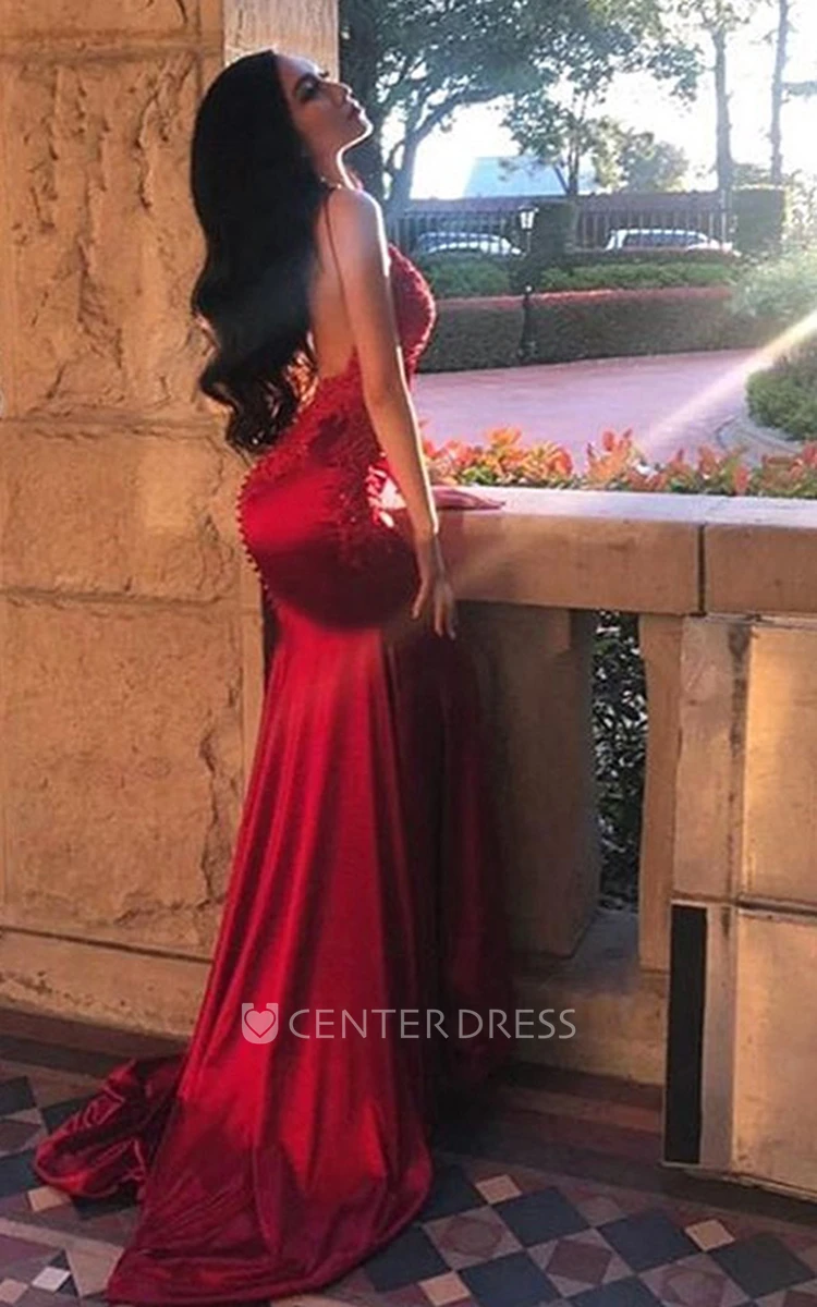 Satin Lace Mermaid Prom Dress with Open Back and Appliques Elegant V-neck Bridal Gown 2024