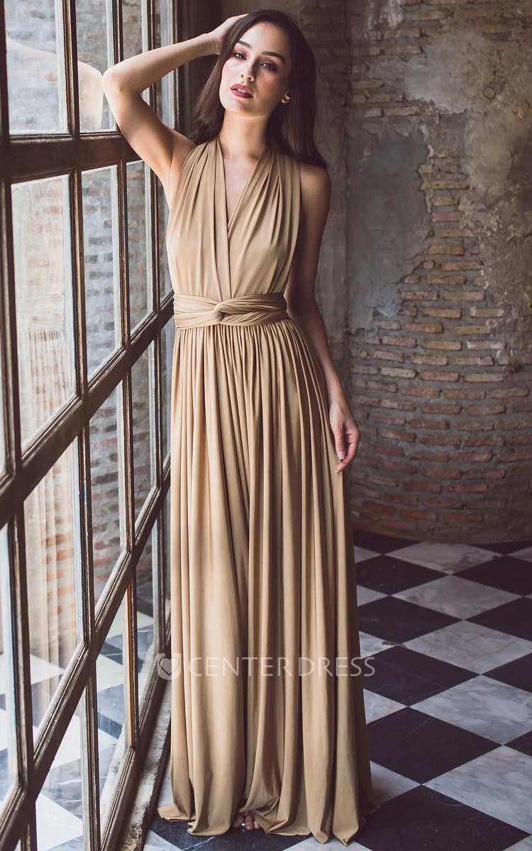 Informal A Line Jersey V-neck Bridesmaid Dress With Straps And Sash