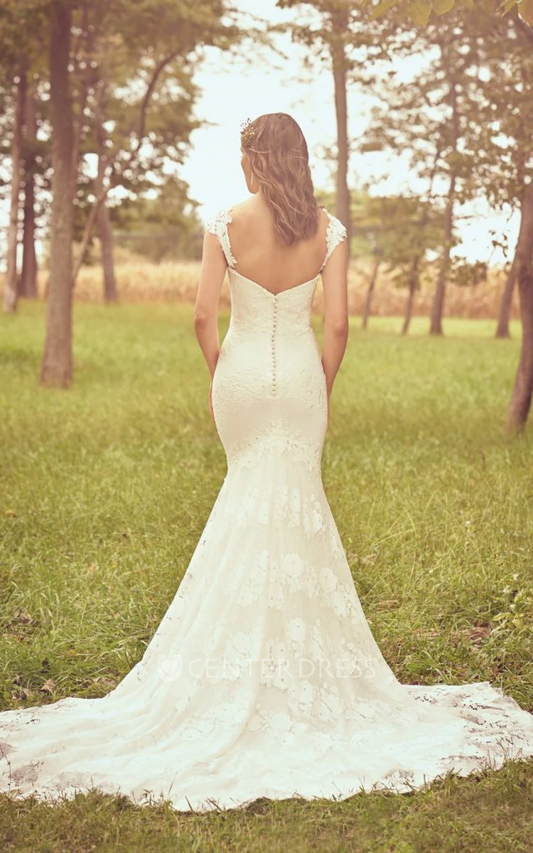 Mermaid Open Back Cap Sleeve And Buttons Sweetheart Lace Wedding Dress