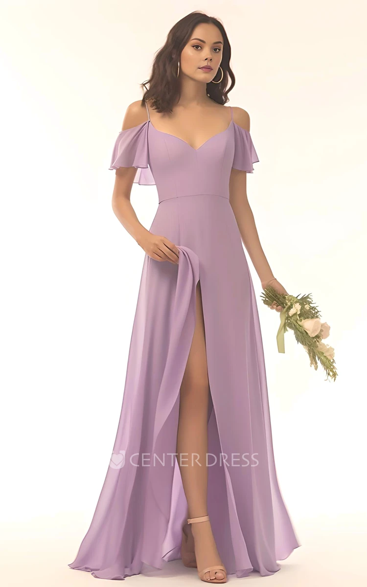 Spaghetti Chiffon Bridesmaid Dress with A-Line and Split Front Beautiful and Modern