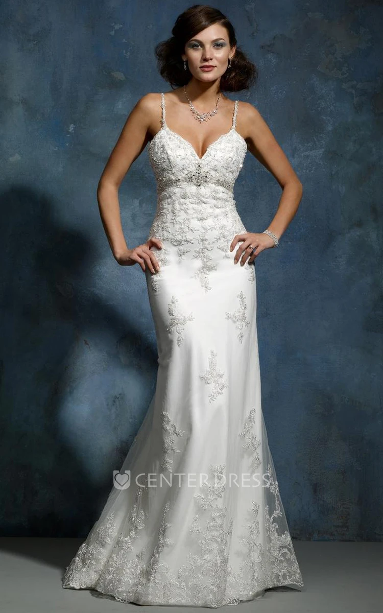 Sheath Sleeveless Spaghetti Appliqued Floor-Length Lace Wedding Dress With Waist Jewellery