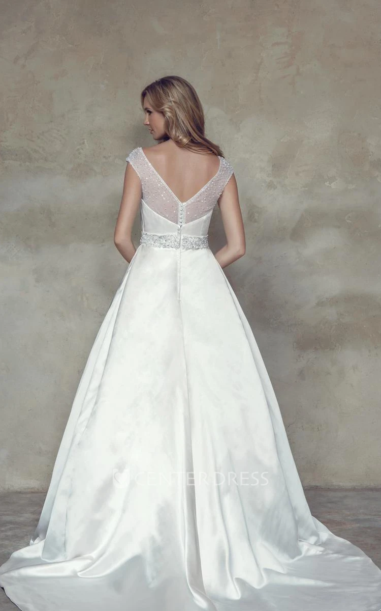A-Line Bateau-Neck Jeweled Cap-Sleeve Maxi Satin Wedding Dress With Beading And V Back