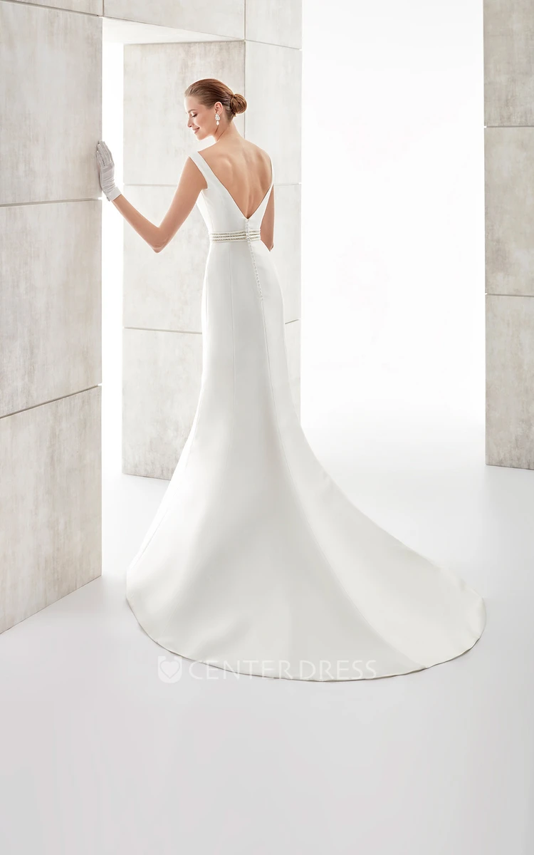 Sweetheart Brush-Train Satin Wedding Dress With Beaded Belt And Low-V Back