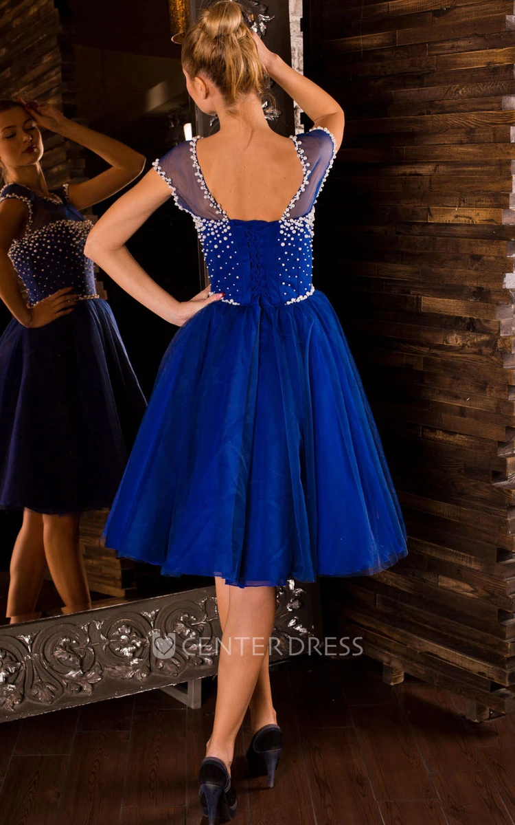 A-Line Knee-Length Jewel Short Sleeve Tulle Beading Pleats Lace-Up Dress