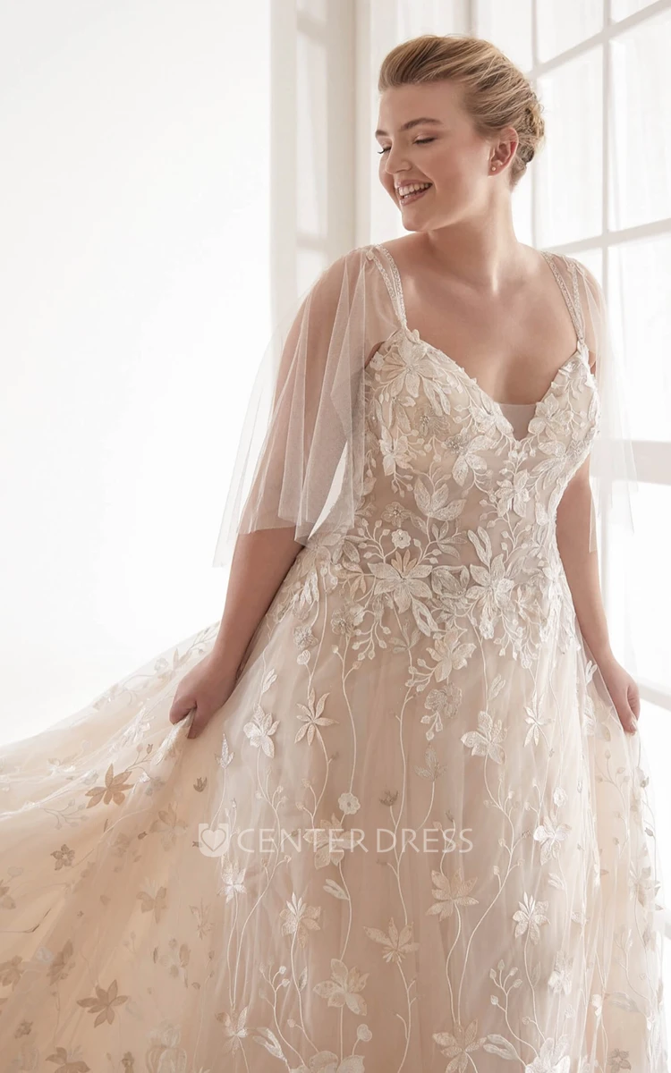 Luxury Sexy V-neck Plus Size Lace Wedding Dress With Illusion Tulle Sleeves And Chapel Train