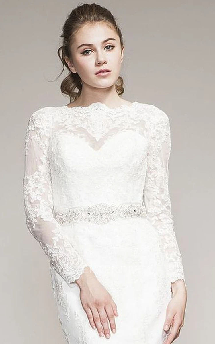 Mermaid Appliqued Long-Sleeve High Neck Lace Wedding Dress With Waist Jewellery And Bow