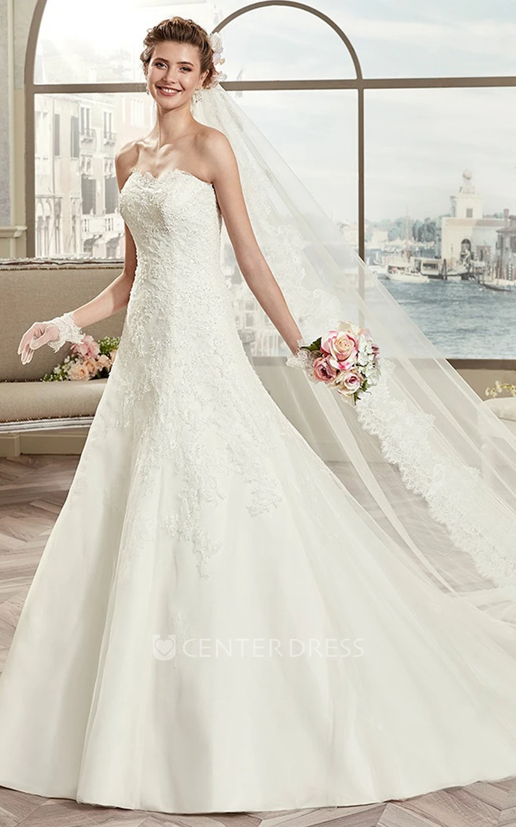 Strapless A-Line Lace Bridal Gown With Open Back And Brush Train