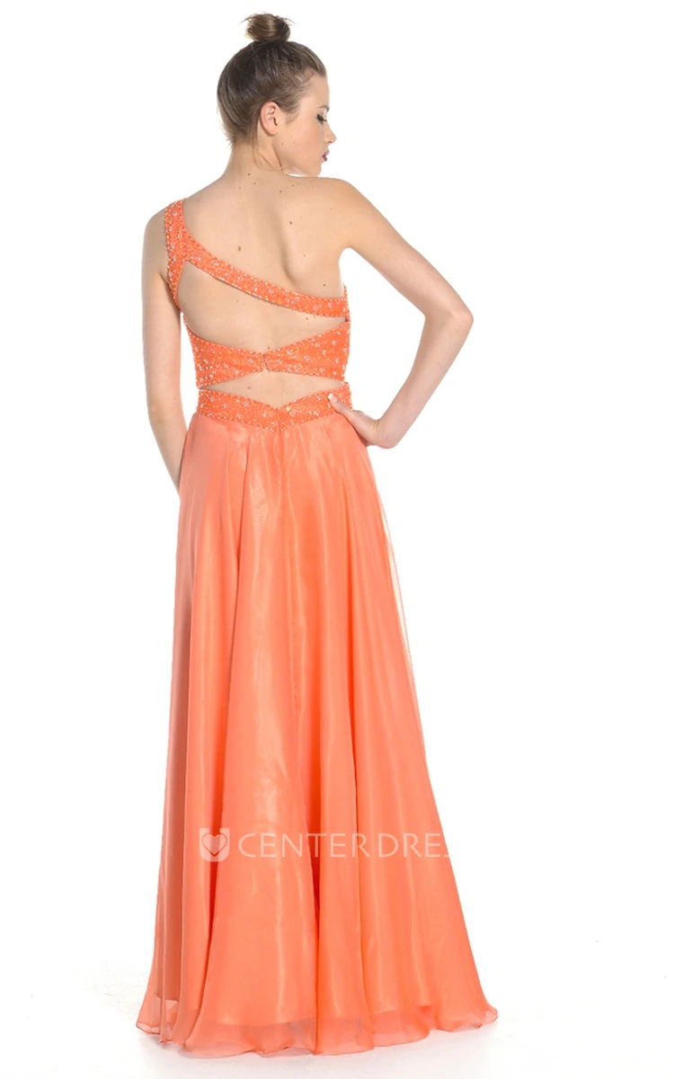 Long Beaded One-Shoulder Sleeveless Satin&Tulle Prom Dress With Waist Jewellery And Ruching