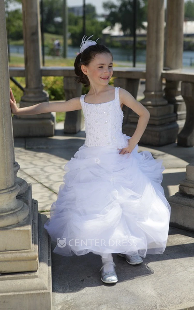 Flower Girl Square Neck Organza Ball Gown With Ruffled Skirt