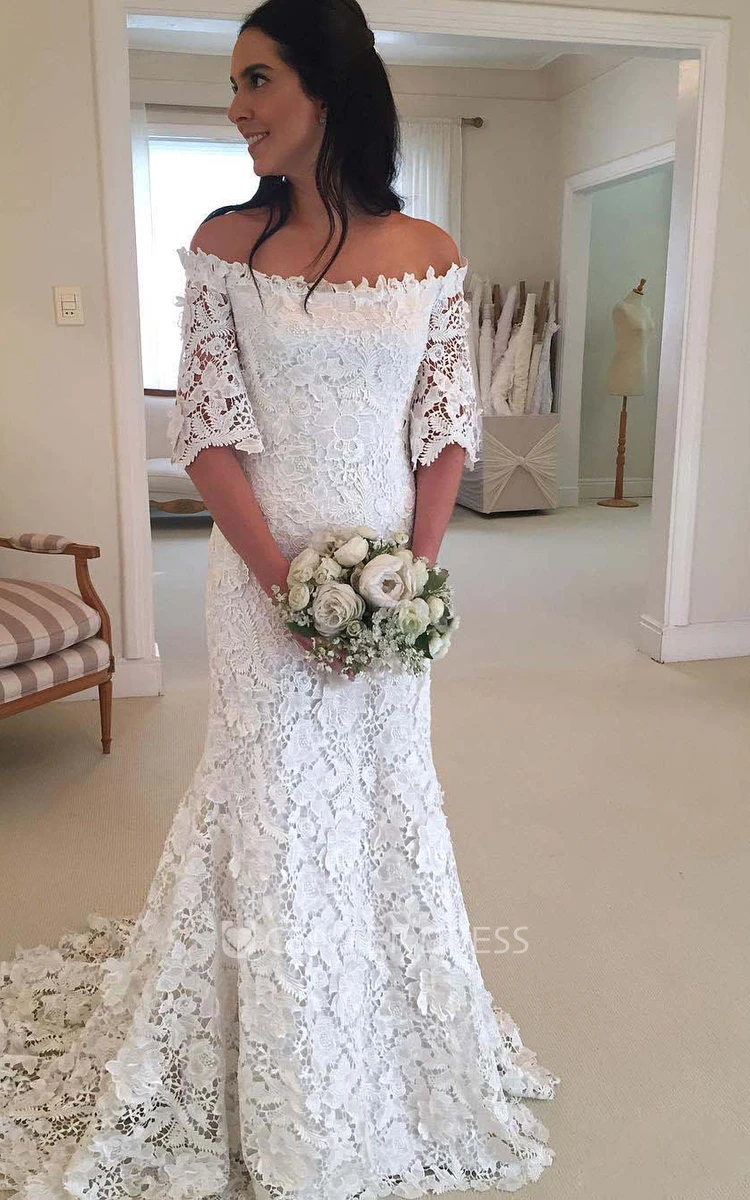 Sheath Off-the-shoulder Lace Zipper Wedding Dress