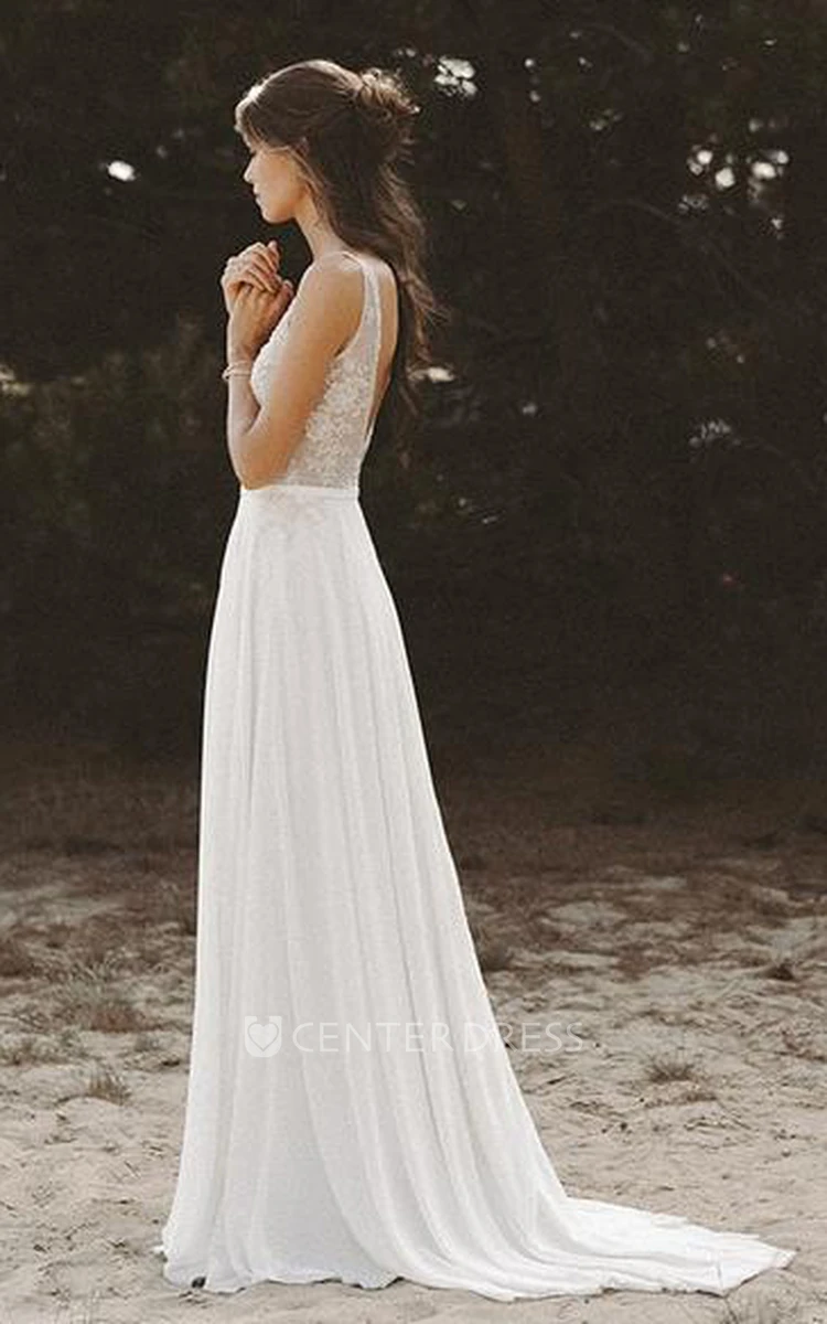 A Line Sleeveless Chiffon Lace Sexy Illusion Low-V Back Wedding Dress with Beading
